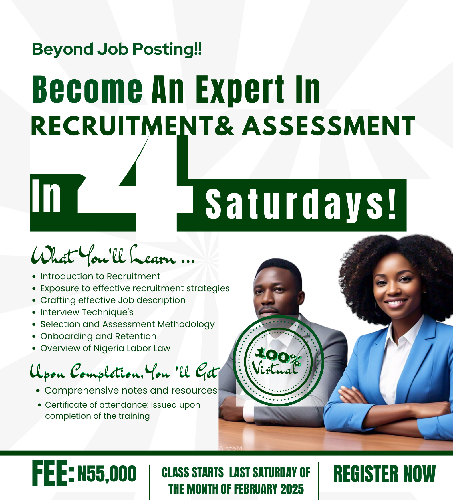 Are you struggling to find the right talent for your business? Are you tired of investing time and resources into hiring processes, only to end up with underperforming employees? Be a apart of out recruitment and assesment trainings